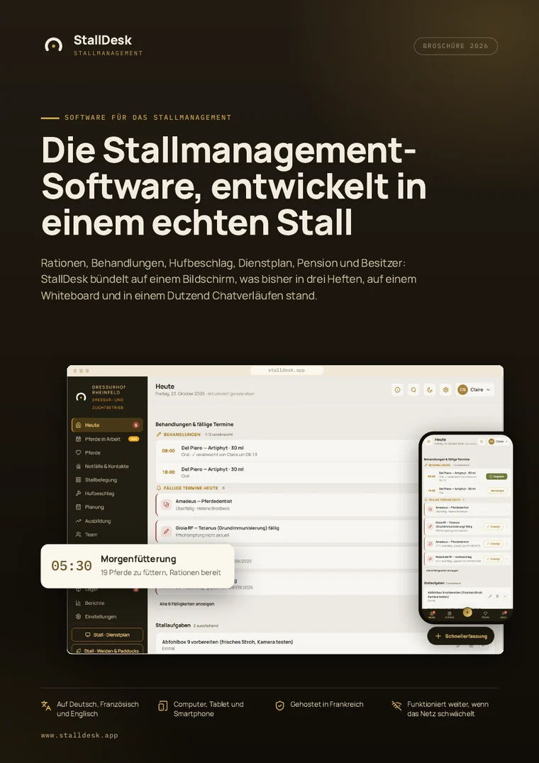 Titelseite der StallDesk-Broschüre: die Stallmanagement-Software, entwickelt in einem echten Stall