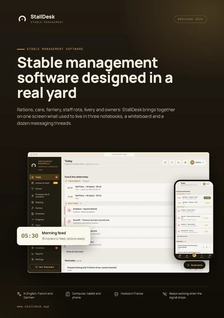 Cover of the StallDesk brochure: stable management software designed in a real yard