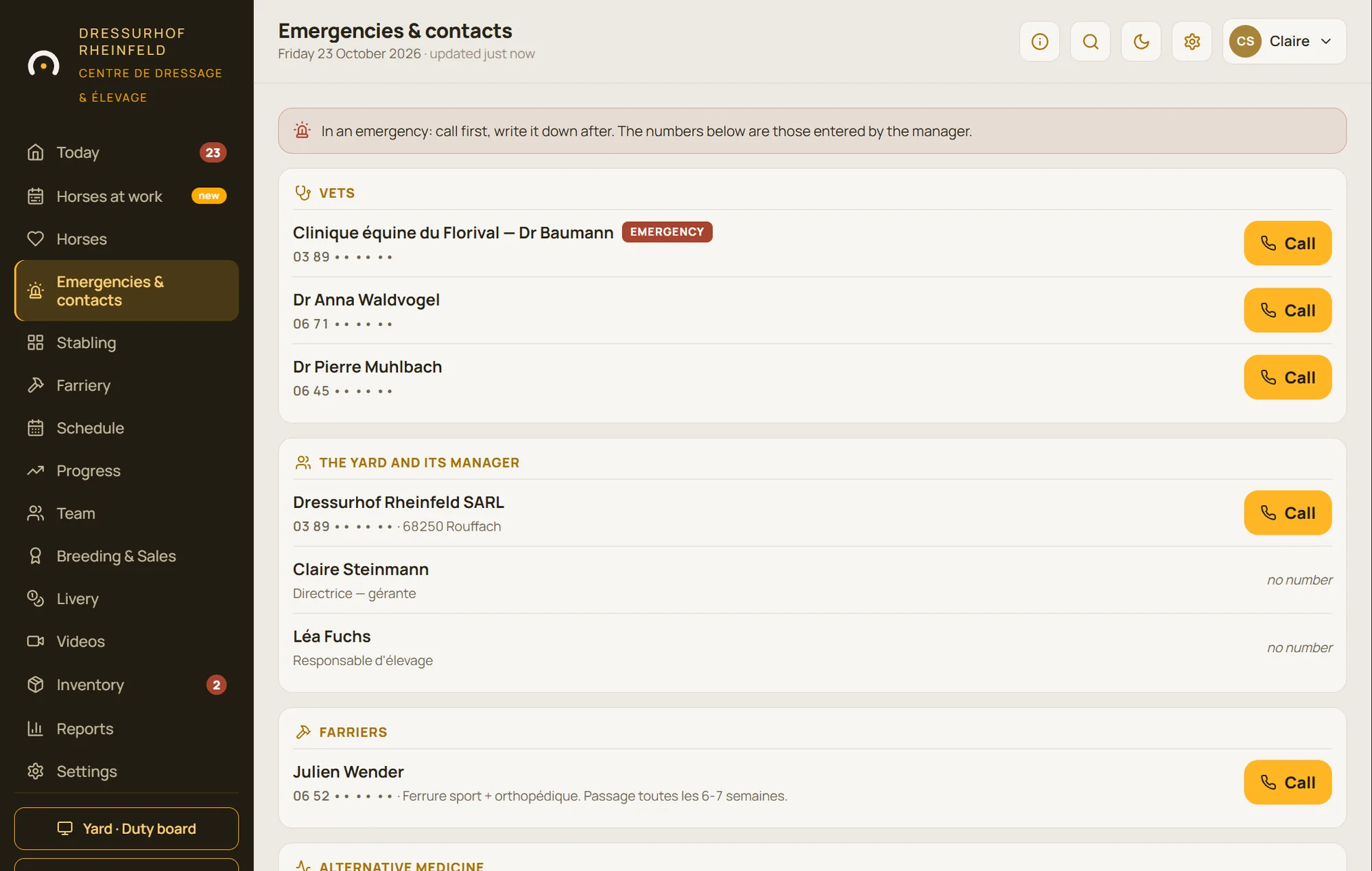 Emergencies and contacts: vets, farrier and the yard's useful numbers