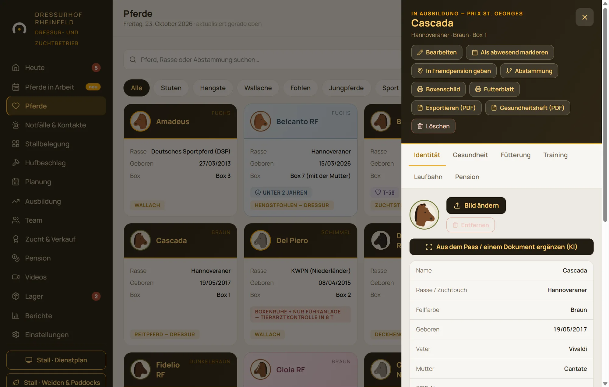 Pferdeakte in StallDesk: Identität, Abstammung, Standort und Besitzer