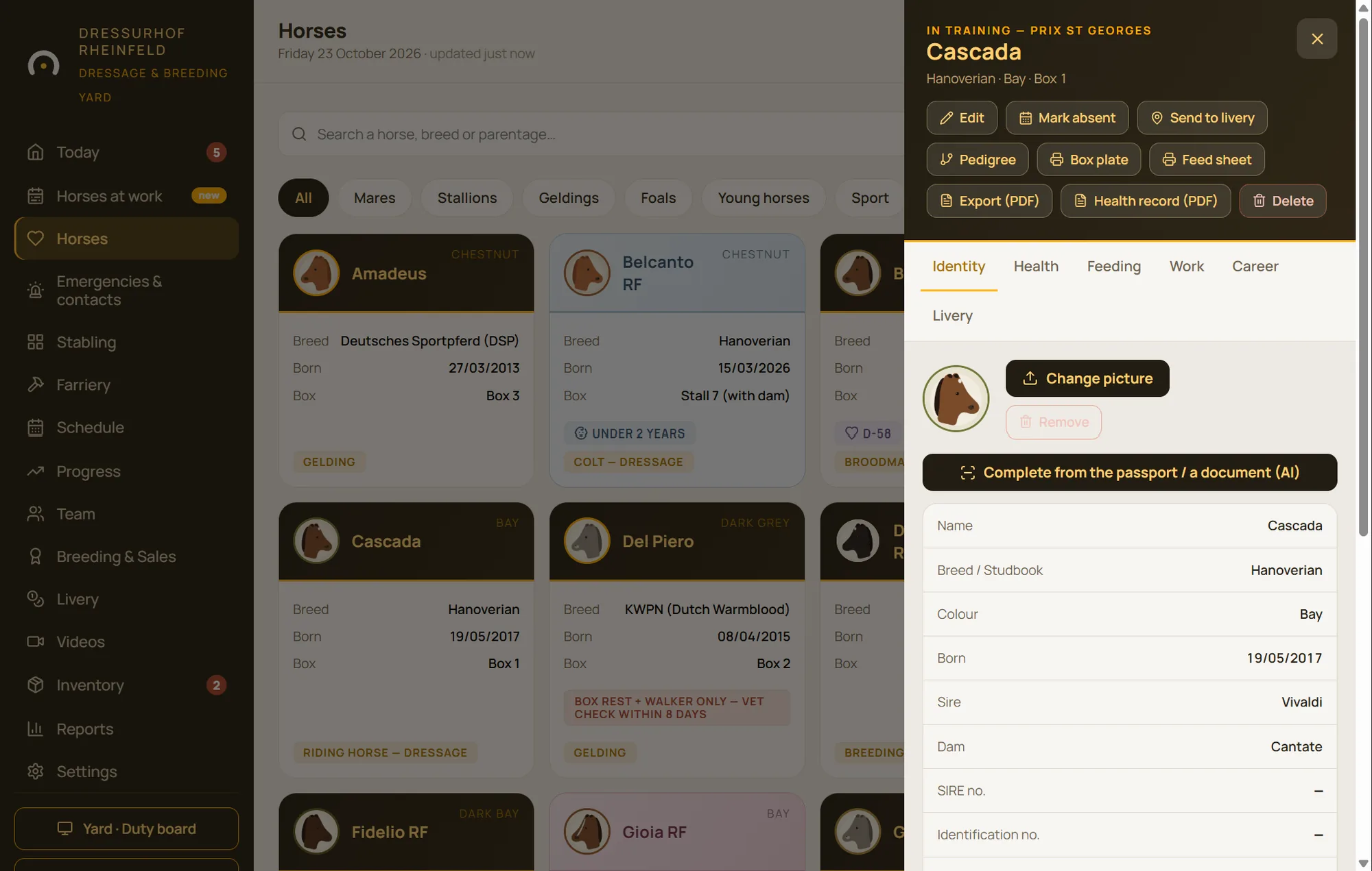 A horse's record in StallDesk: identity, pedigree, location and owner