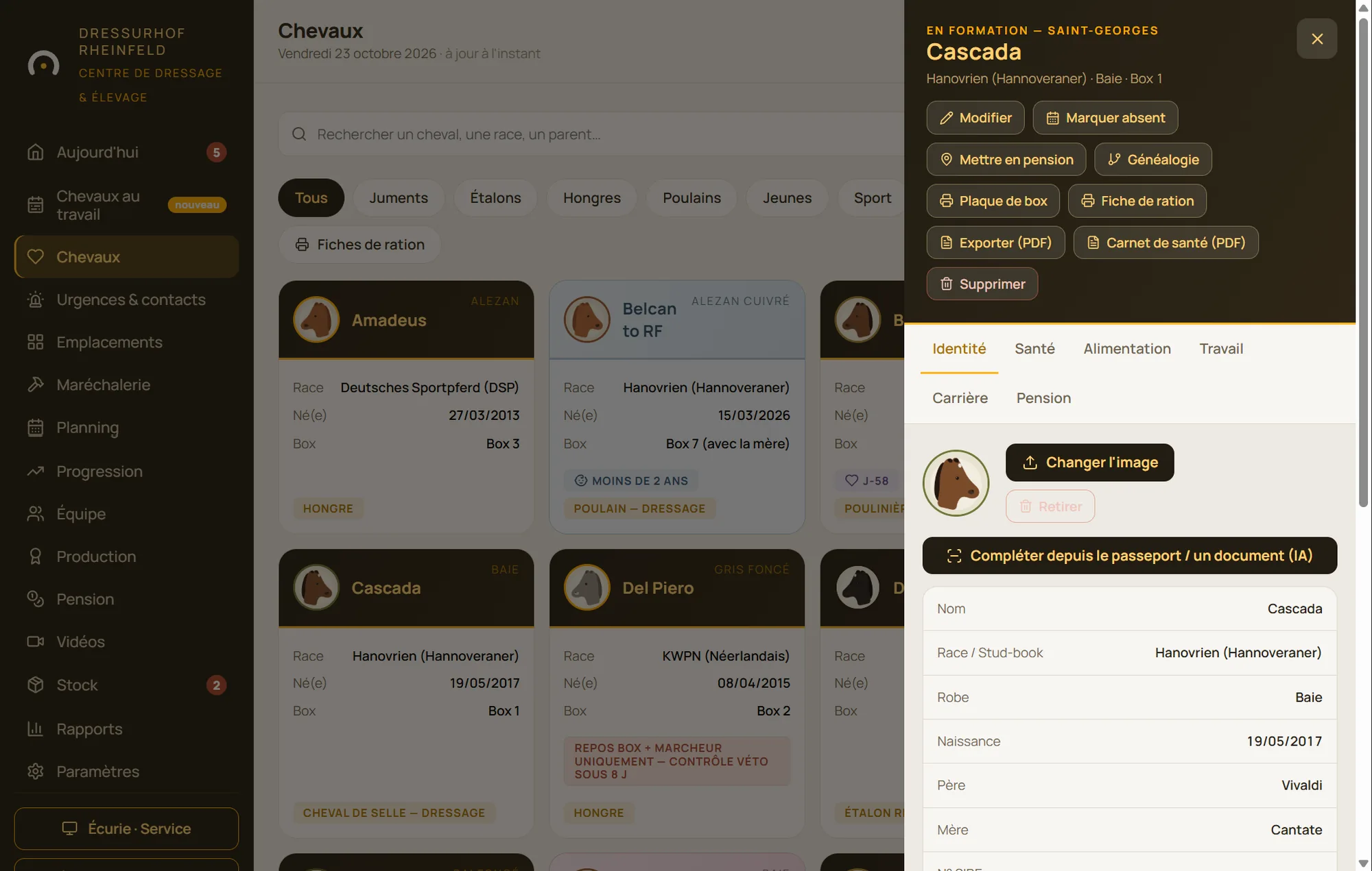 Fiche d'un cheval dans StallDesk : identité, pedigree, emplacement et propriétaire