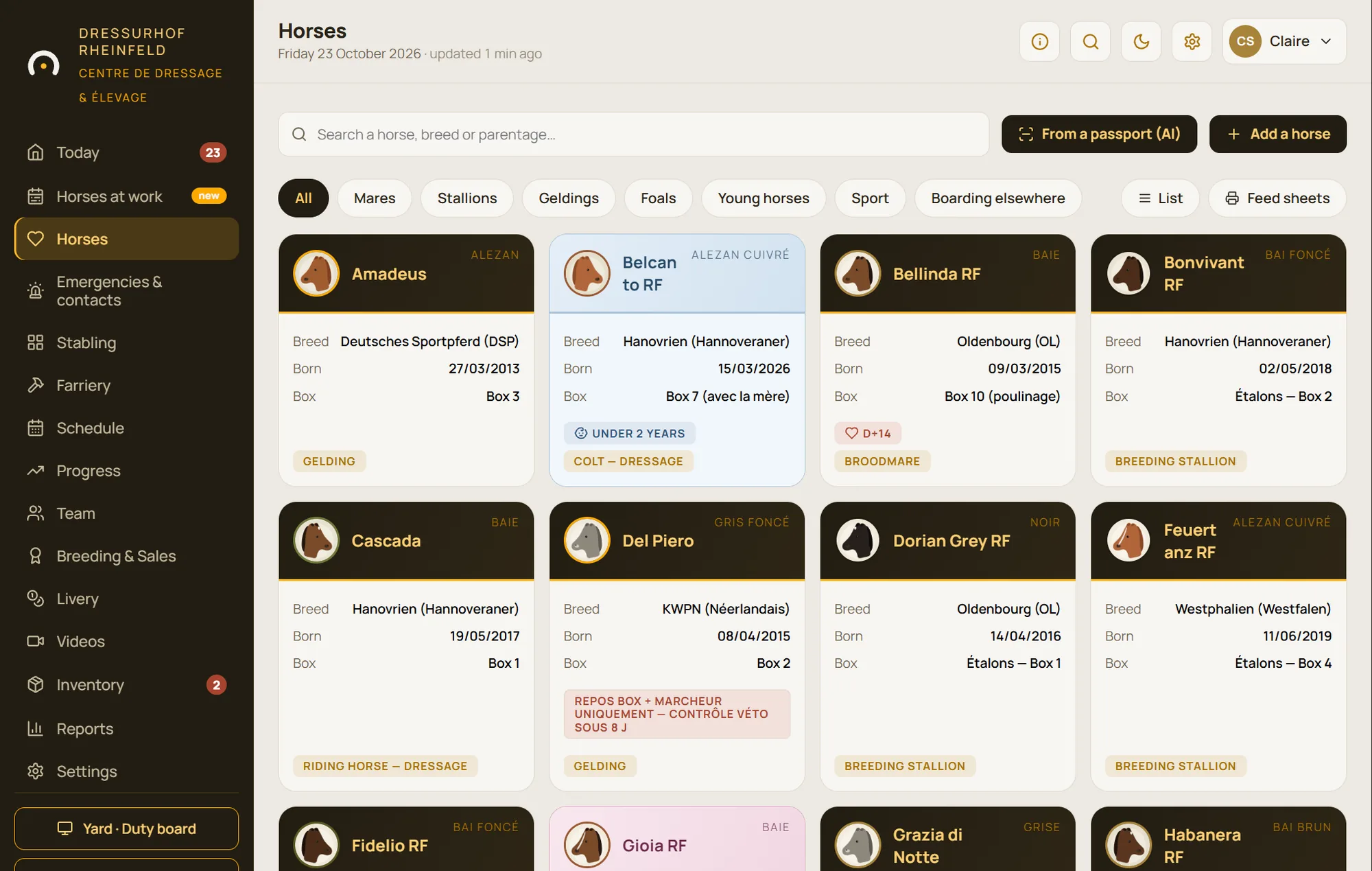 List of the yard's horses with portraits, age, location and alerts