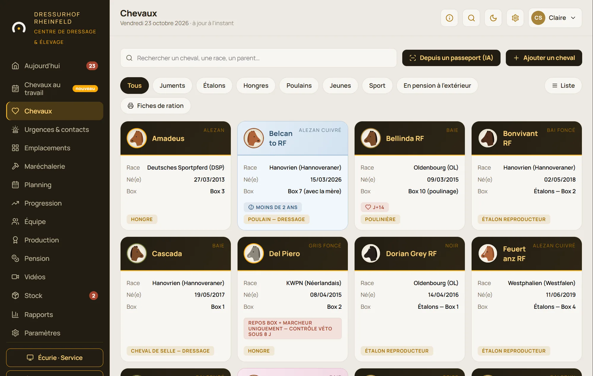 Liste des chevaux de l'écurie avec portraits, âge, emplacement et alertes