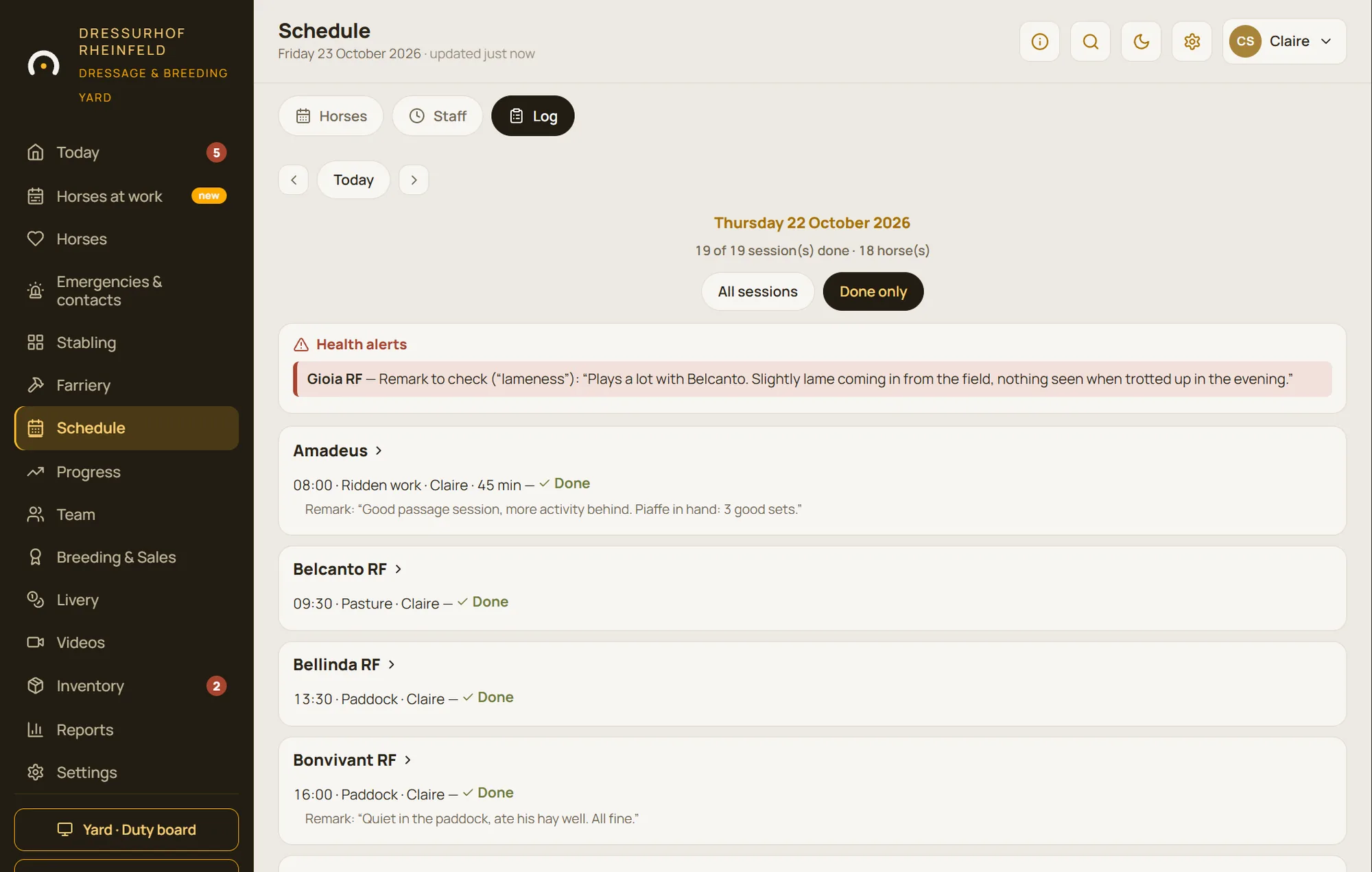 Schedule log: riders' feedback under each session of the week