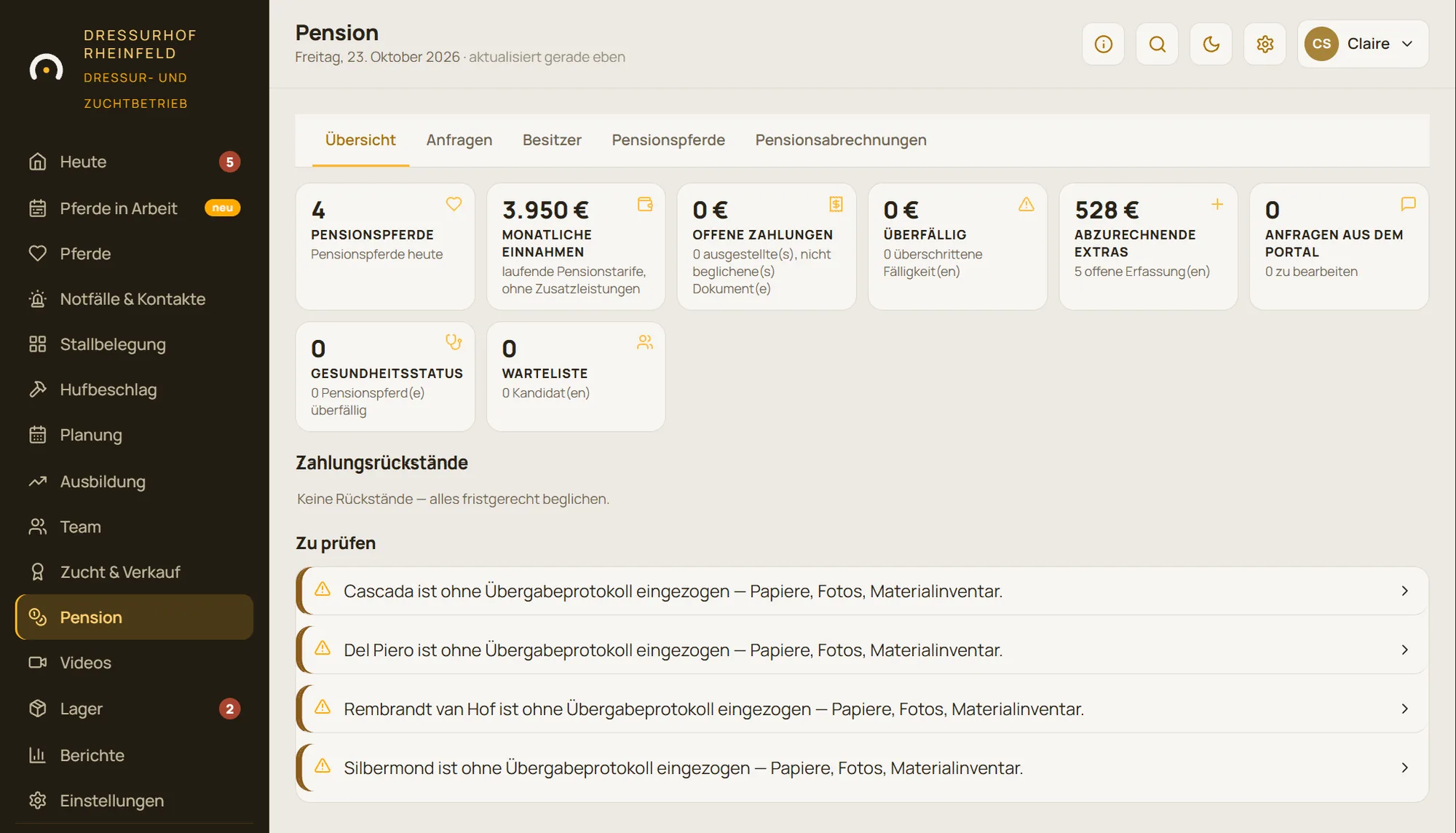 Pensionsverwaltung: Pensionspferde, Pensionstarife und Zusatzleistungen des Monats