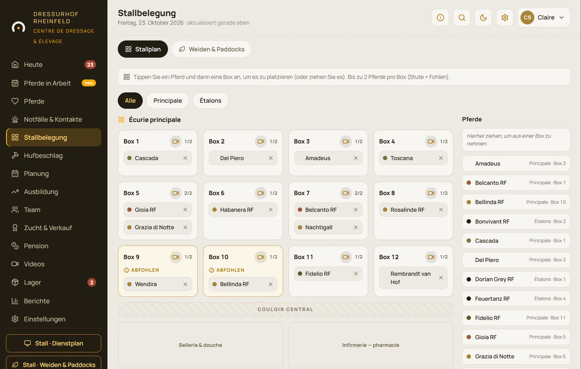 Stallplan: Boxen, Ställe, Paddocks und Weiden mit den Pferden, die sie belegen