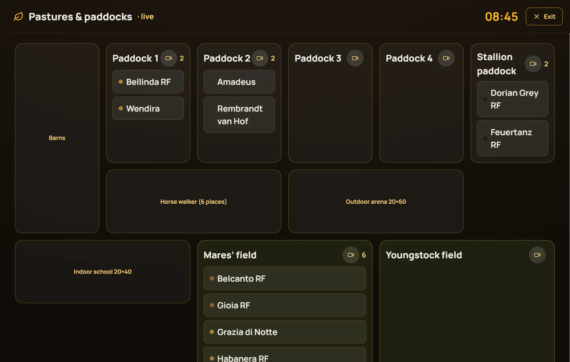 “Pastures & paddocks” wall screen: where each horse is turned out across the paddocks and fields