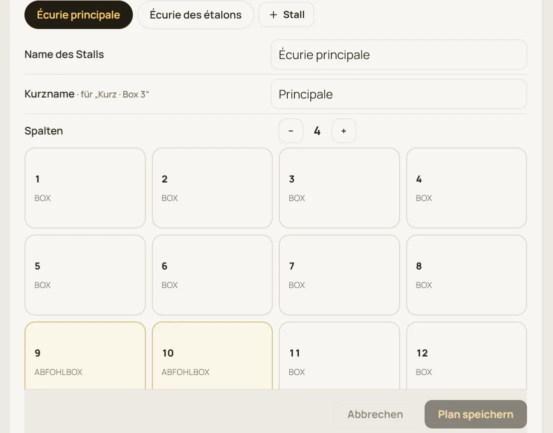 Visueller Editor für den Stallplan: Boxen, Stallgassen, Weiden und Bereiche auf einem Raster