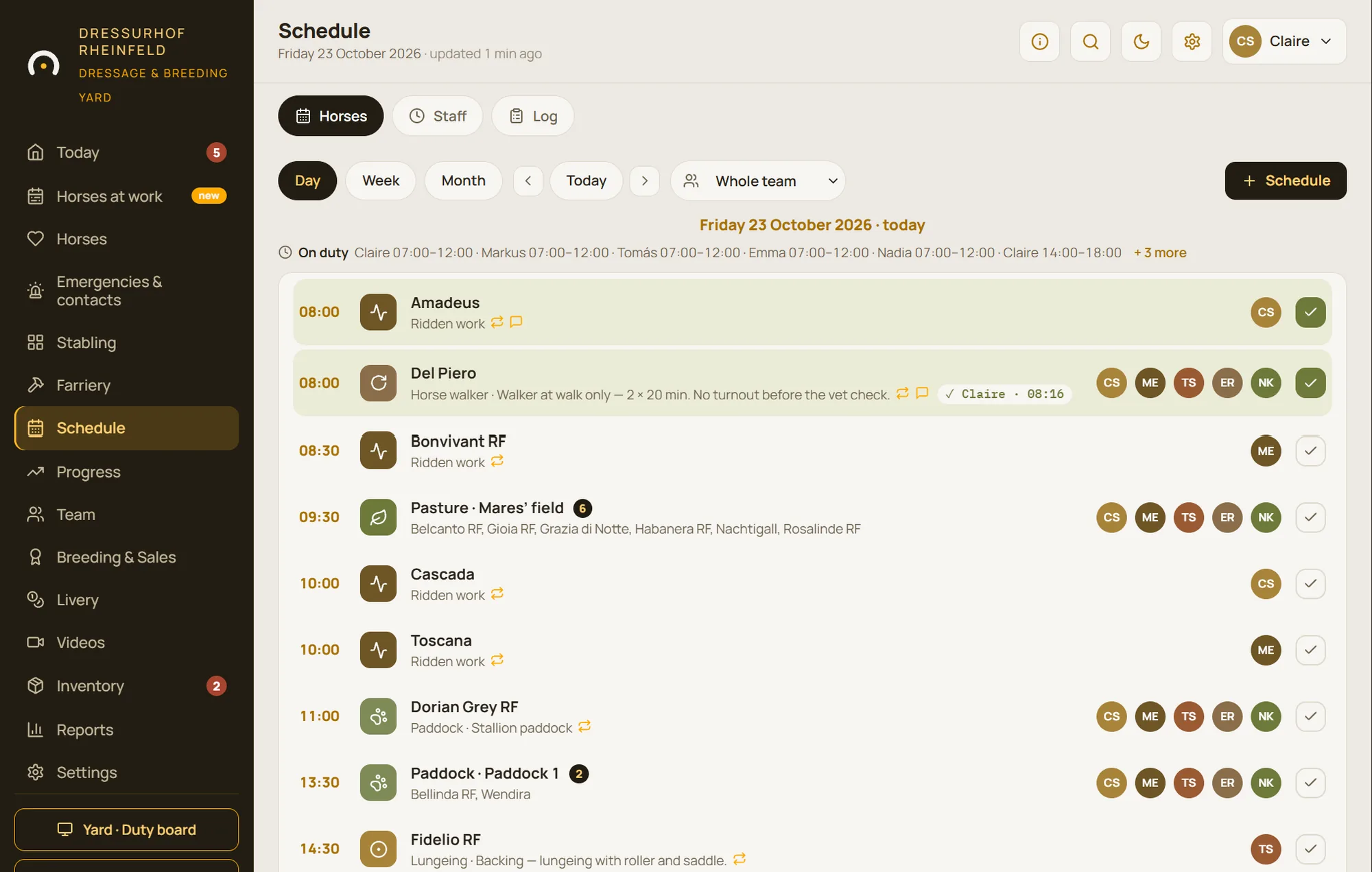 Today's schedule: each horse's sessions, appointments and sessions still unassigned