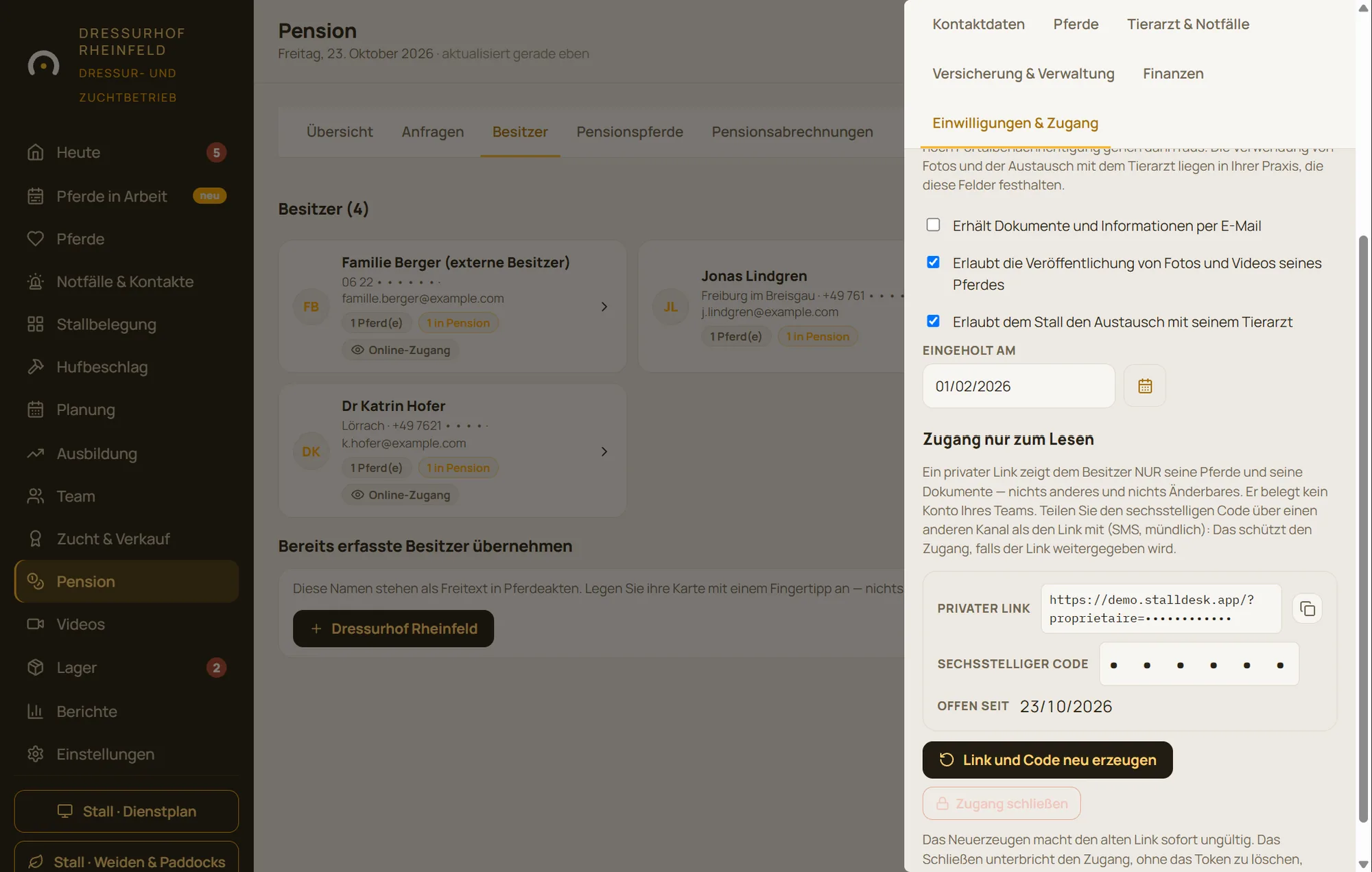 Besitzerzugang in StallDesk: Einwilligungen, privater Link und sechsstelliger Code, Link neu erzeugen oder Zugang schließen