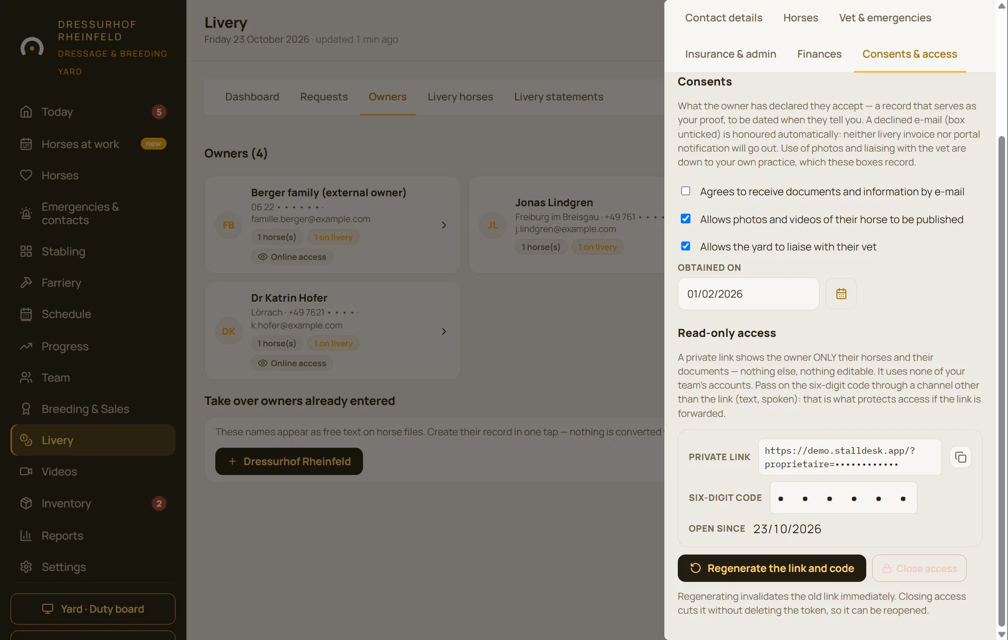 Owner access in StallDesk: consents, private link and six-digit code, regenerate or close access
