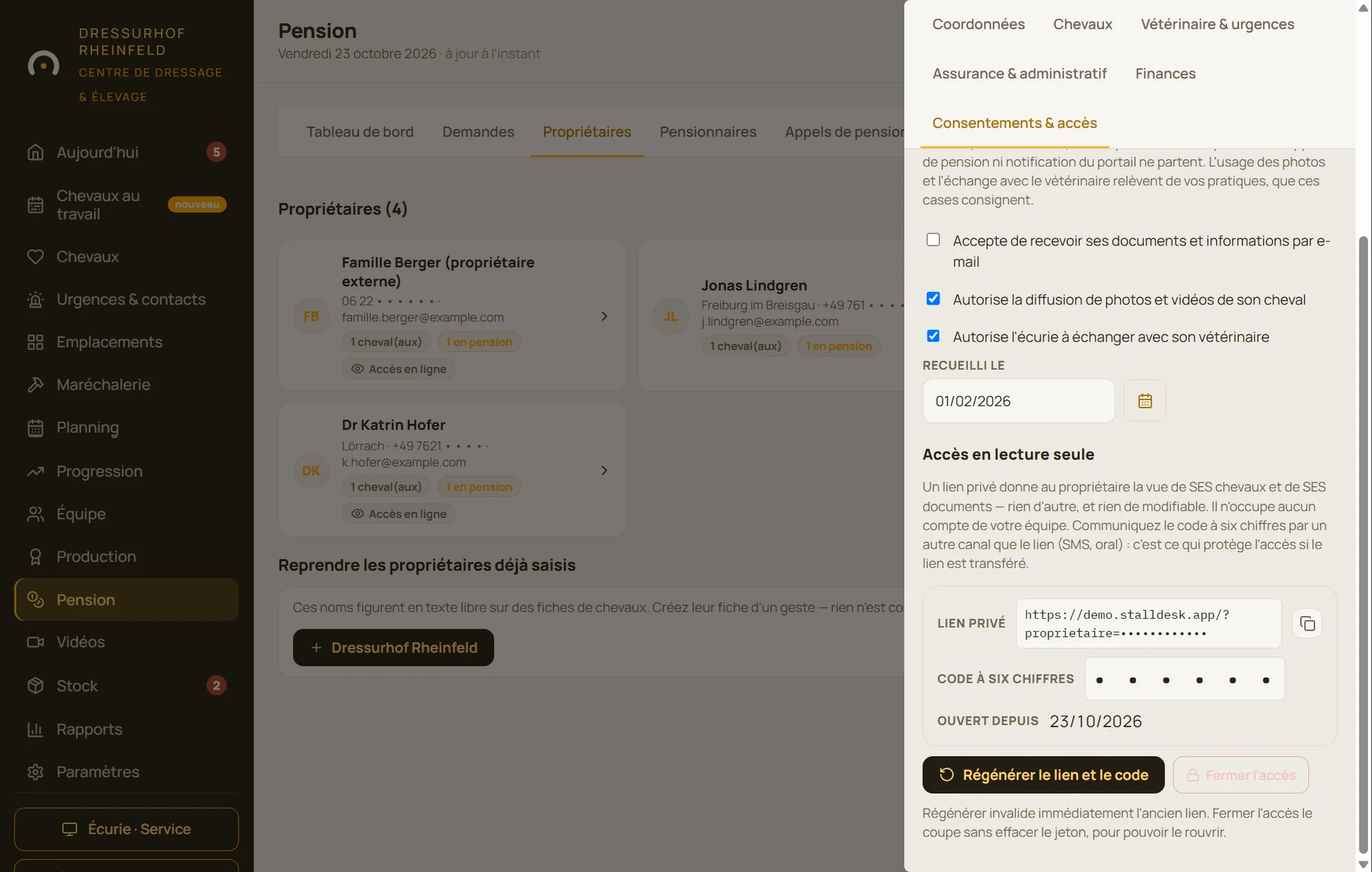 Accès propriétaire dans StallDesk : consentements, lien privé et code à six chiffres, régénération ou fermeture de l'accès
