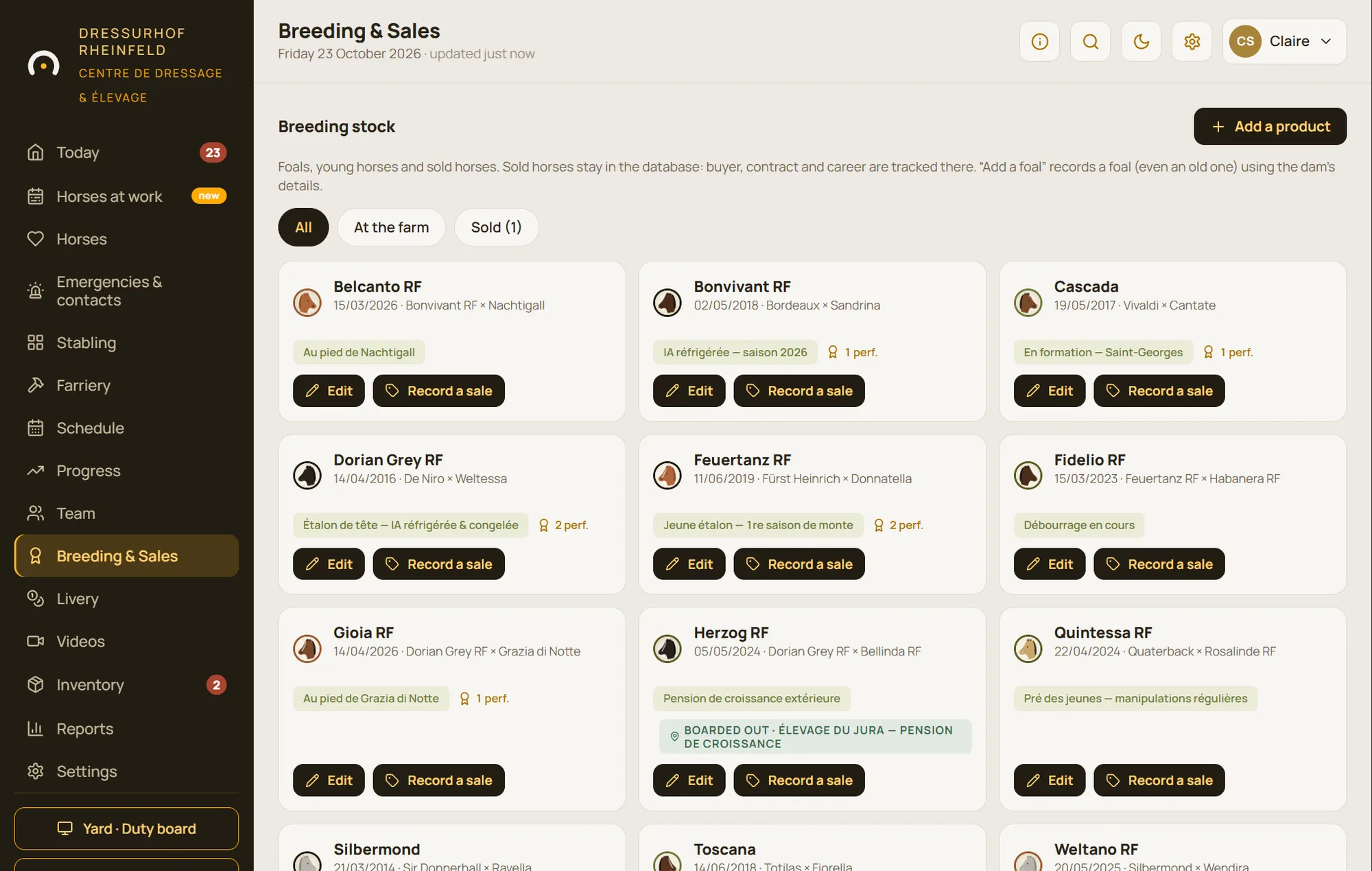 Breeding and sales: horses for sale, completed sales and payment schedule