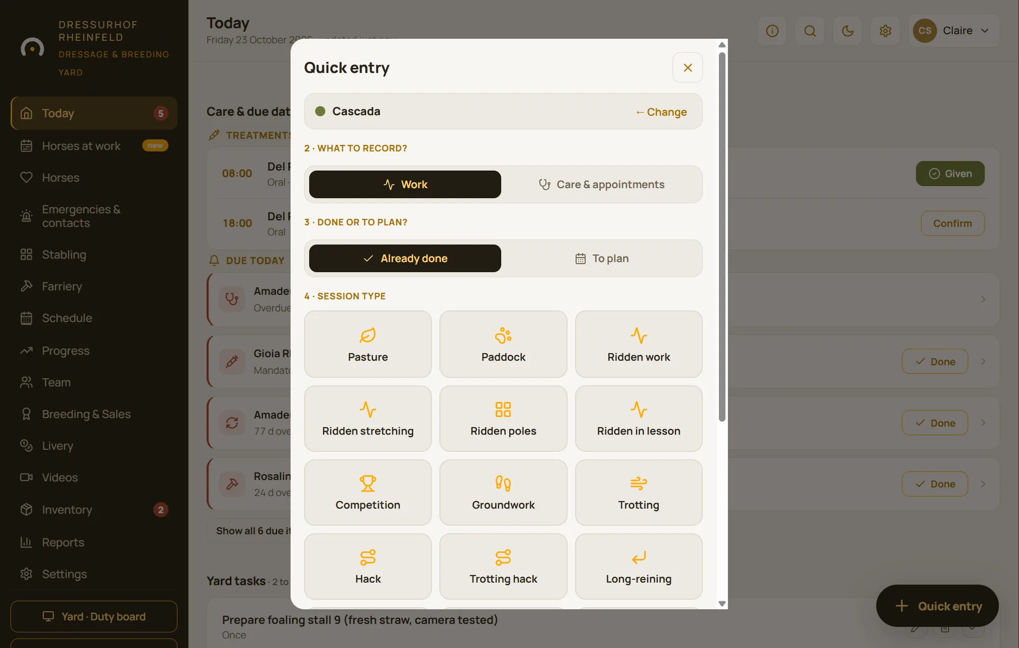 Quick entry: choose a horse, then record a session, a care task or a health issue
