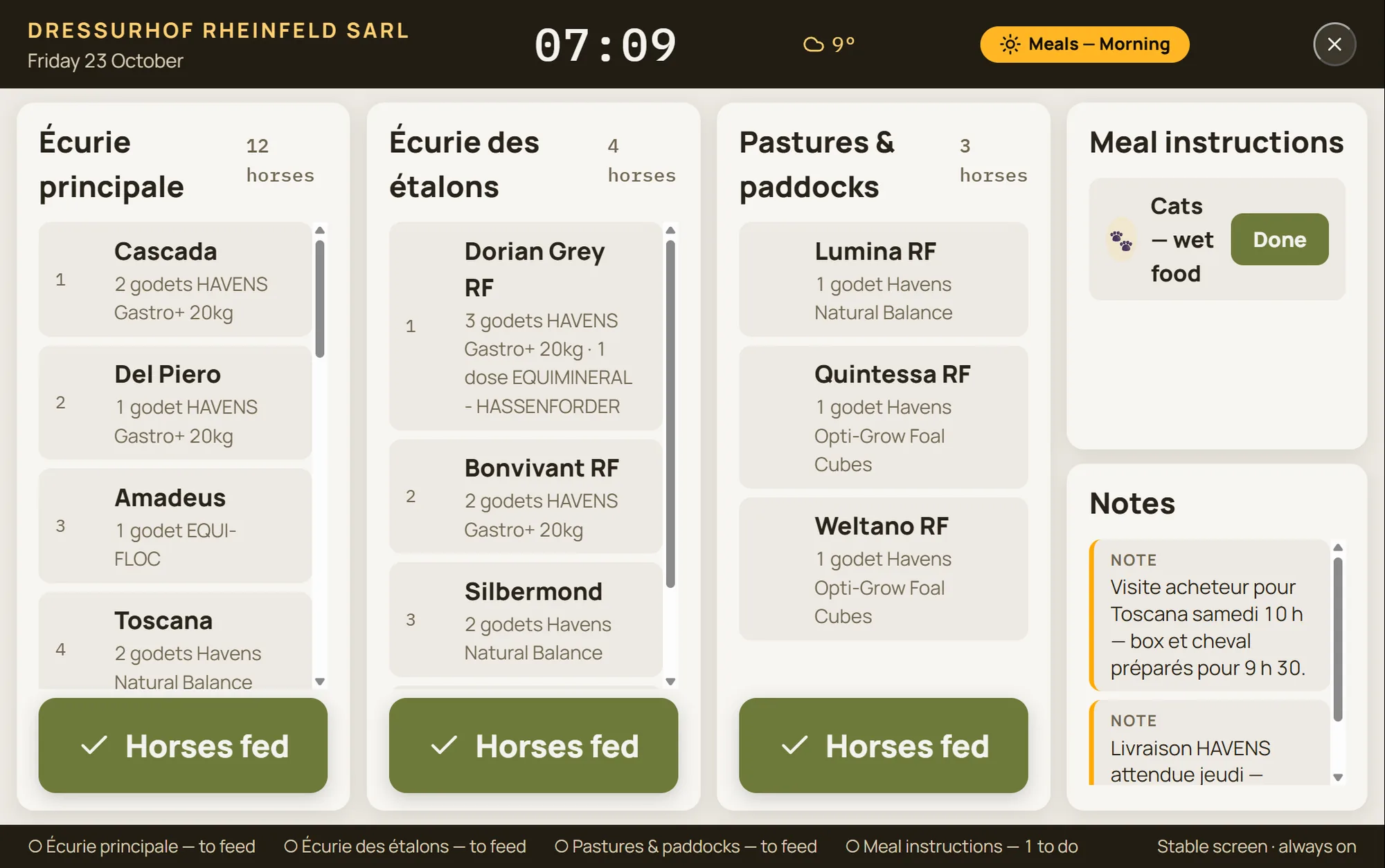 “Yard · Duty board” wall screen on a tablet in the stable aisle