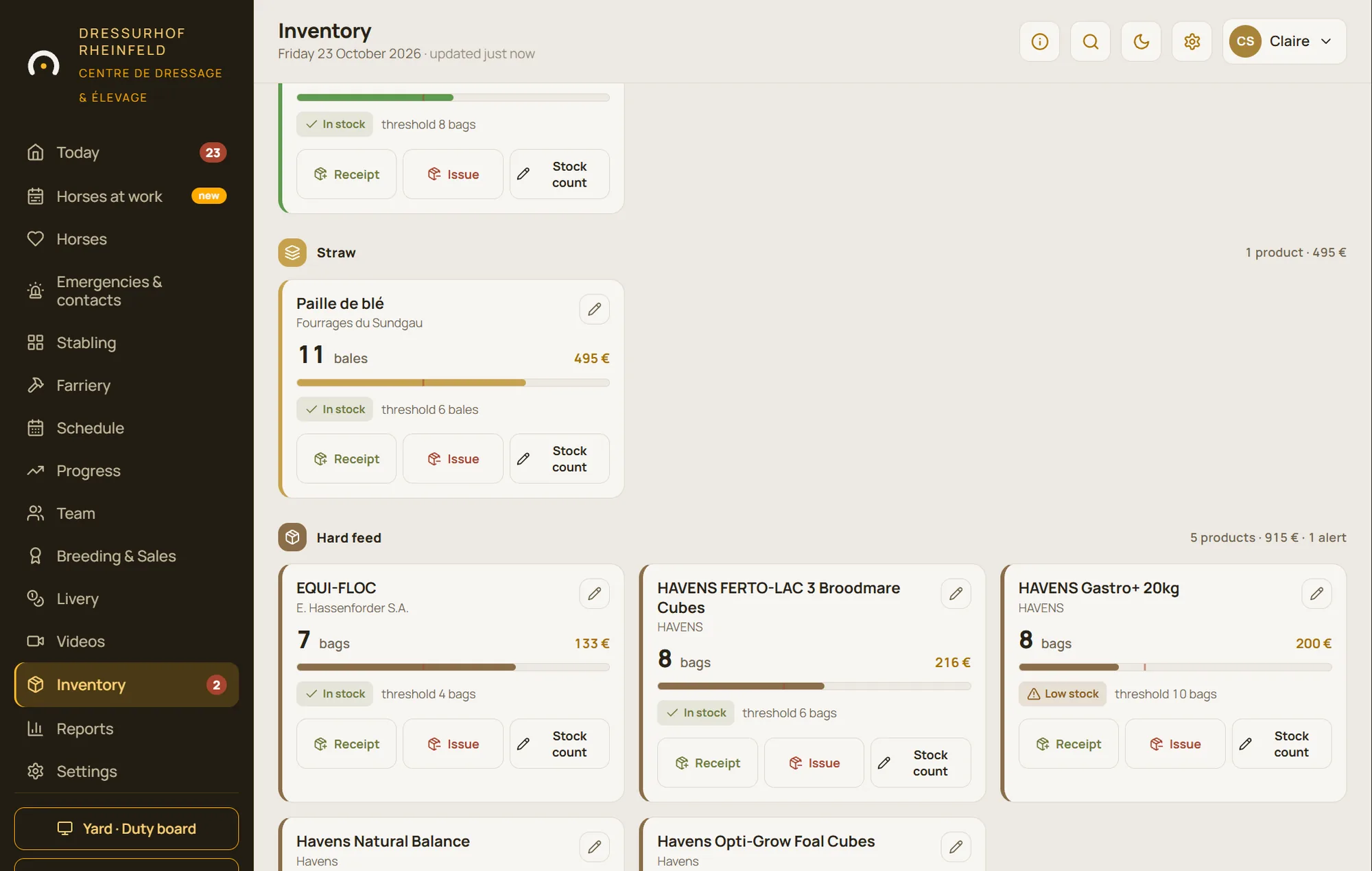 Feed and bedding stock with low-stock alerts and movement history