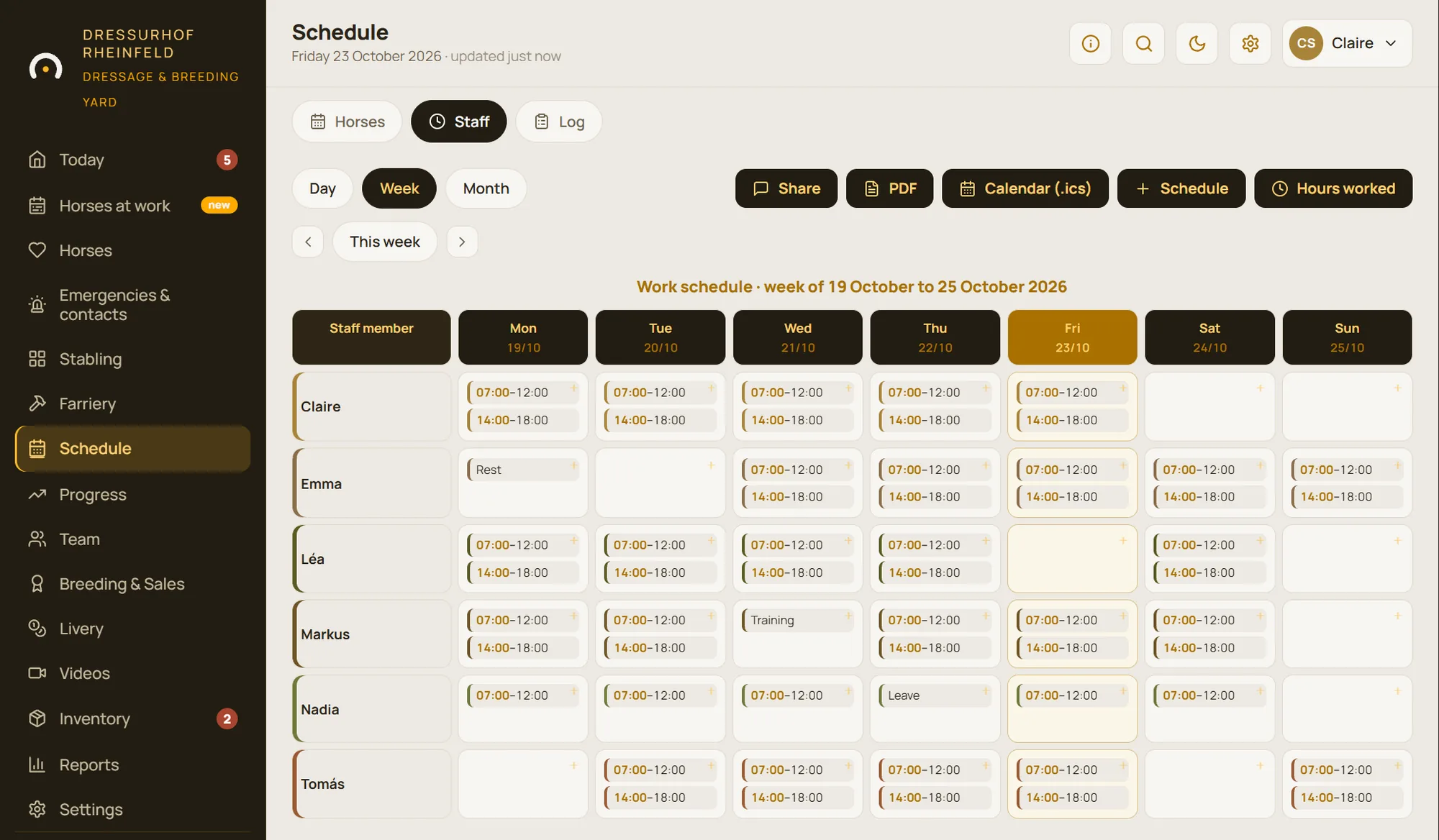 Staff rota: work shifts, rest days, leave and training