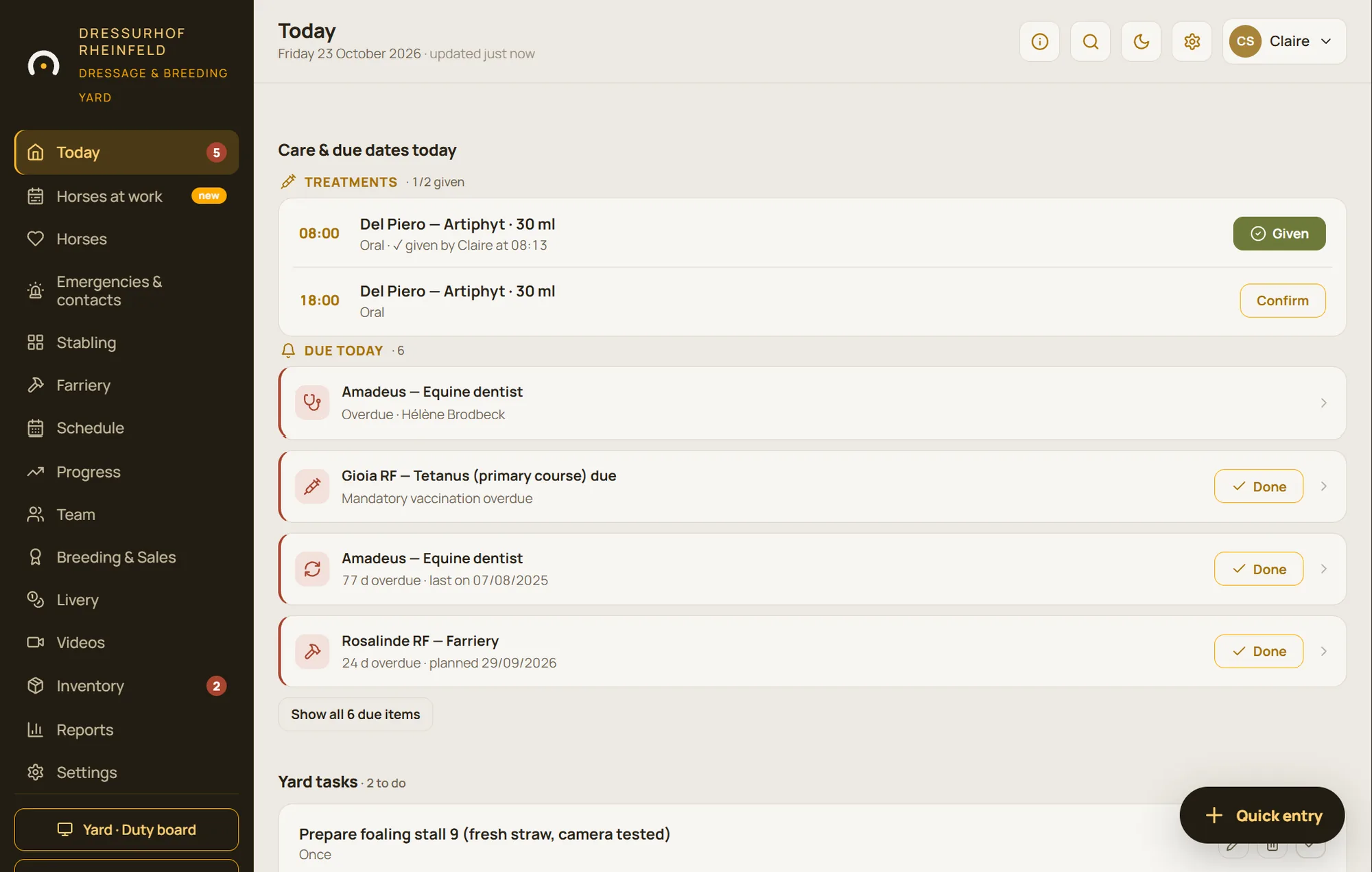 StallDesk “Today” screen: the day's medical care and due dates on a 22-horse yard