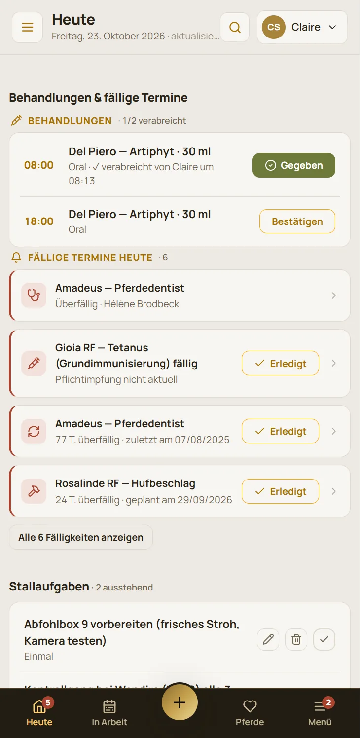 StallDesk auf dem Smartphone: der Tagesbildschirm eines Teammitglieds