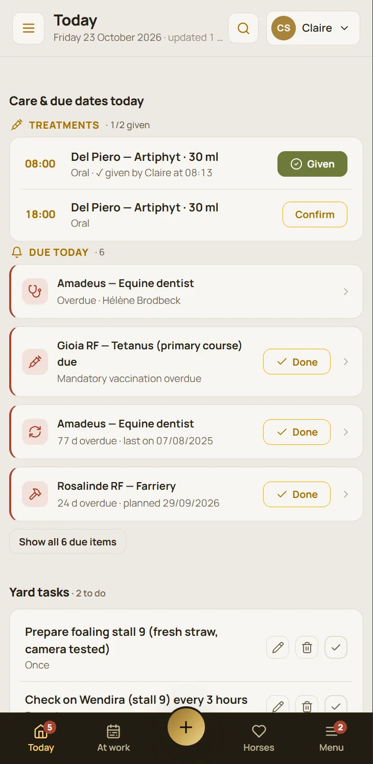 StallDesk on a phone: a team member's screen for the day