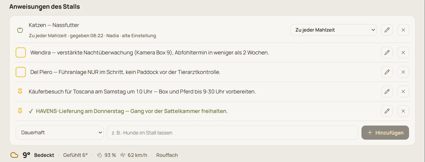 Stallanweisungen des Tages und Wetter am Ort: gefühlte Temperatur, Luftfeuchtigkeit, Wind