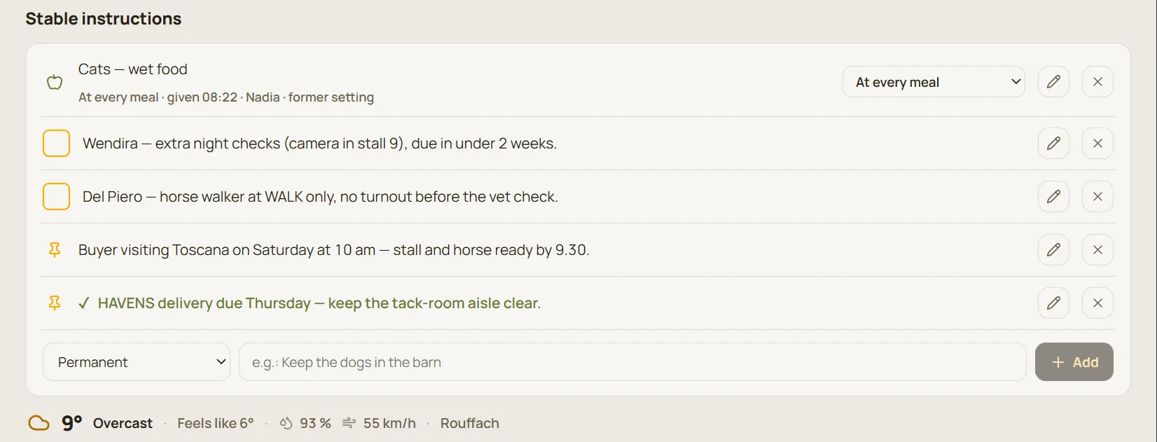 The day's stable instructions and local weather: feels-like temperature, humidity, wind