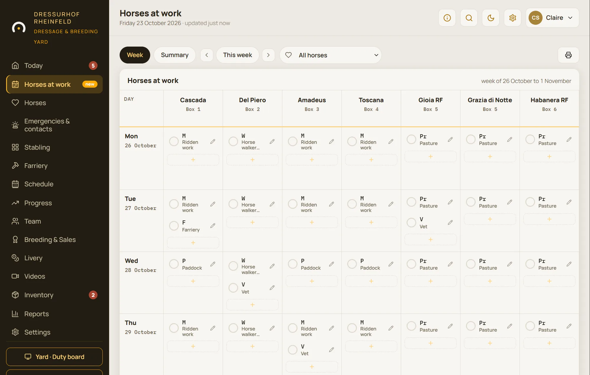 “Horses at work” grid: each horse's week of ridden work, lungeing, horse walker and paddock
